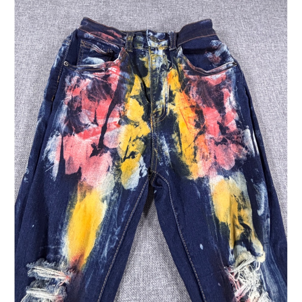 Red Fox Distressed Skinny Jeans Size 7 Multicolor Floral Painted Y2K Grunge